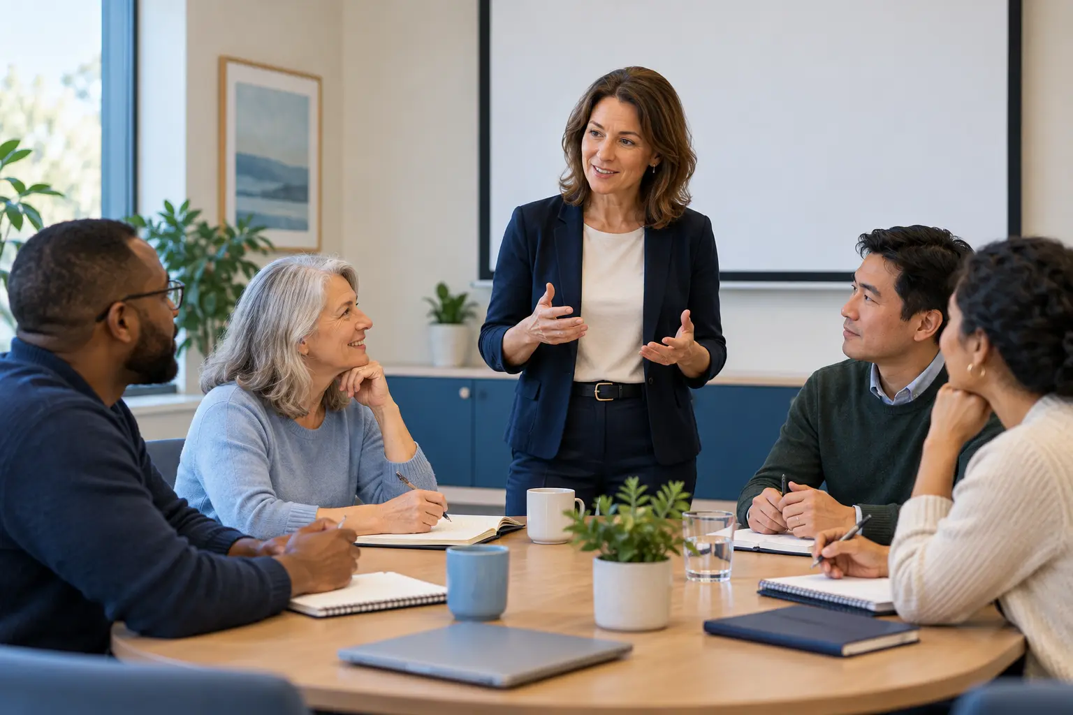 Illustrative image of a facilitator and adult participants in a professional workshop
